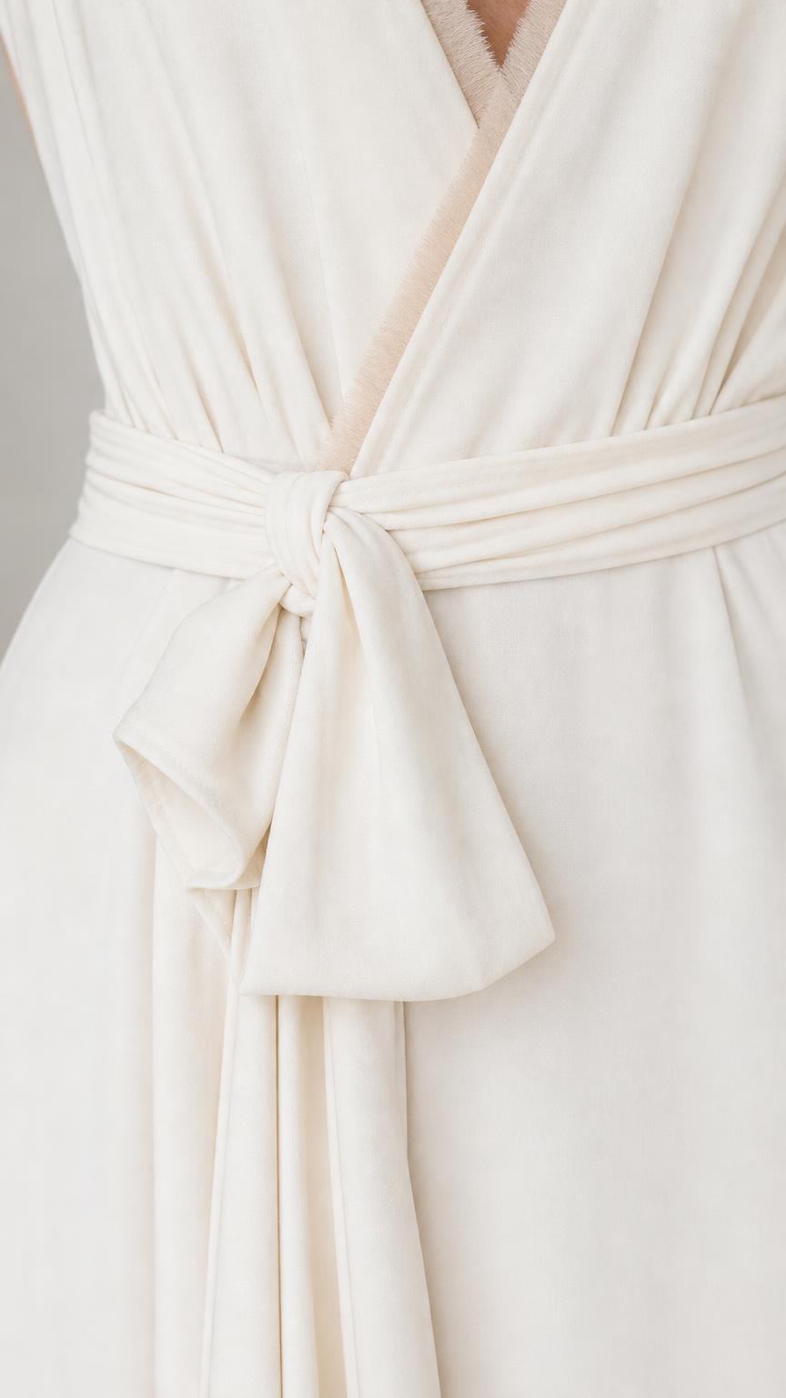Close-up detail of the waist tie and bow on the white dress