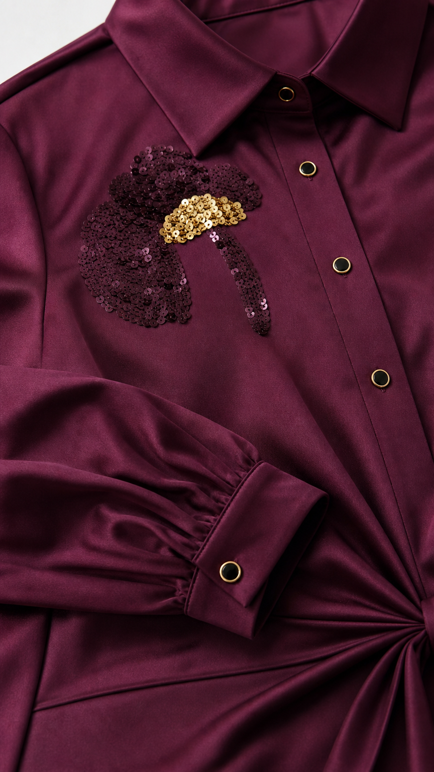 Close-up of burgundy shirt dress collar, button front, cuff, and sequin floral detail