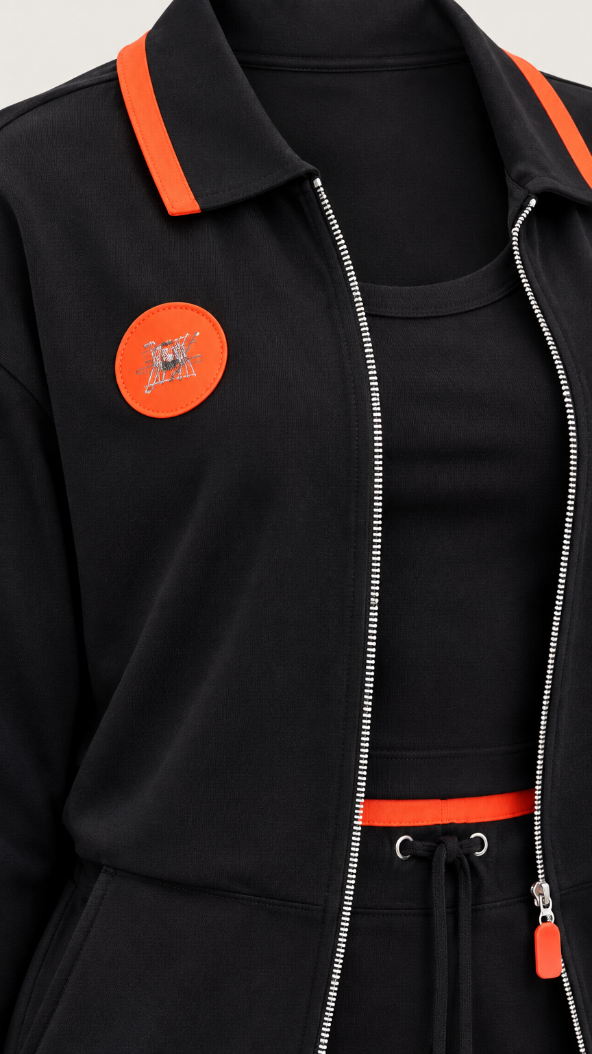 Close-up detail of black jacket collar, zipper, orange patch, and drawstring waist