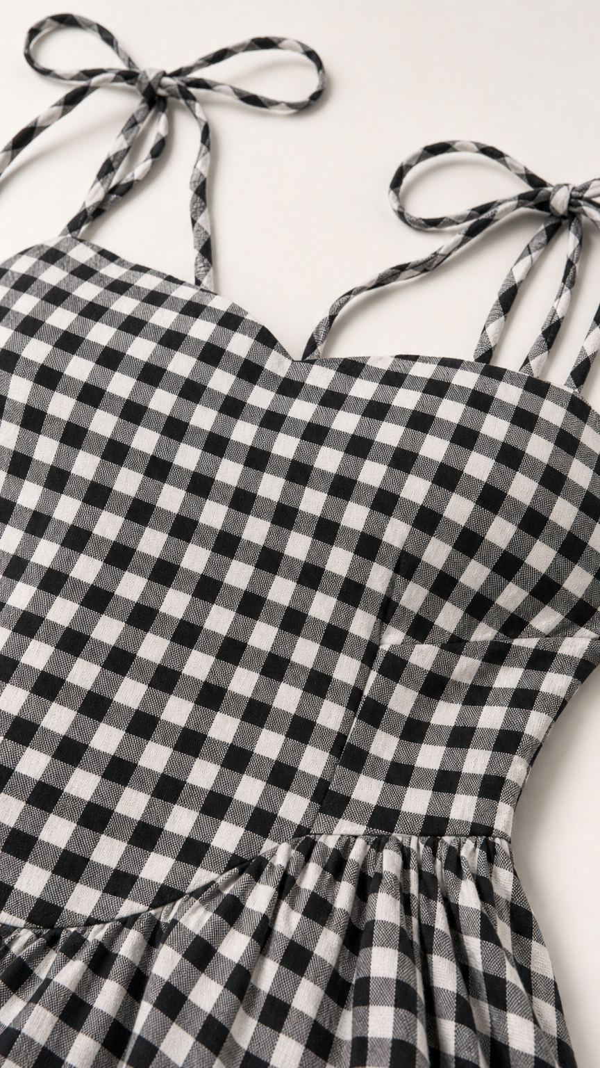 Close-up of fabric texture and tie straps on gingham dress