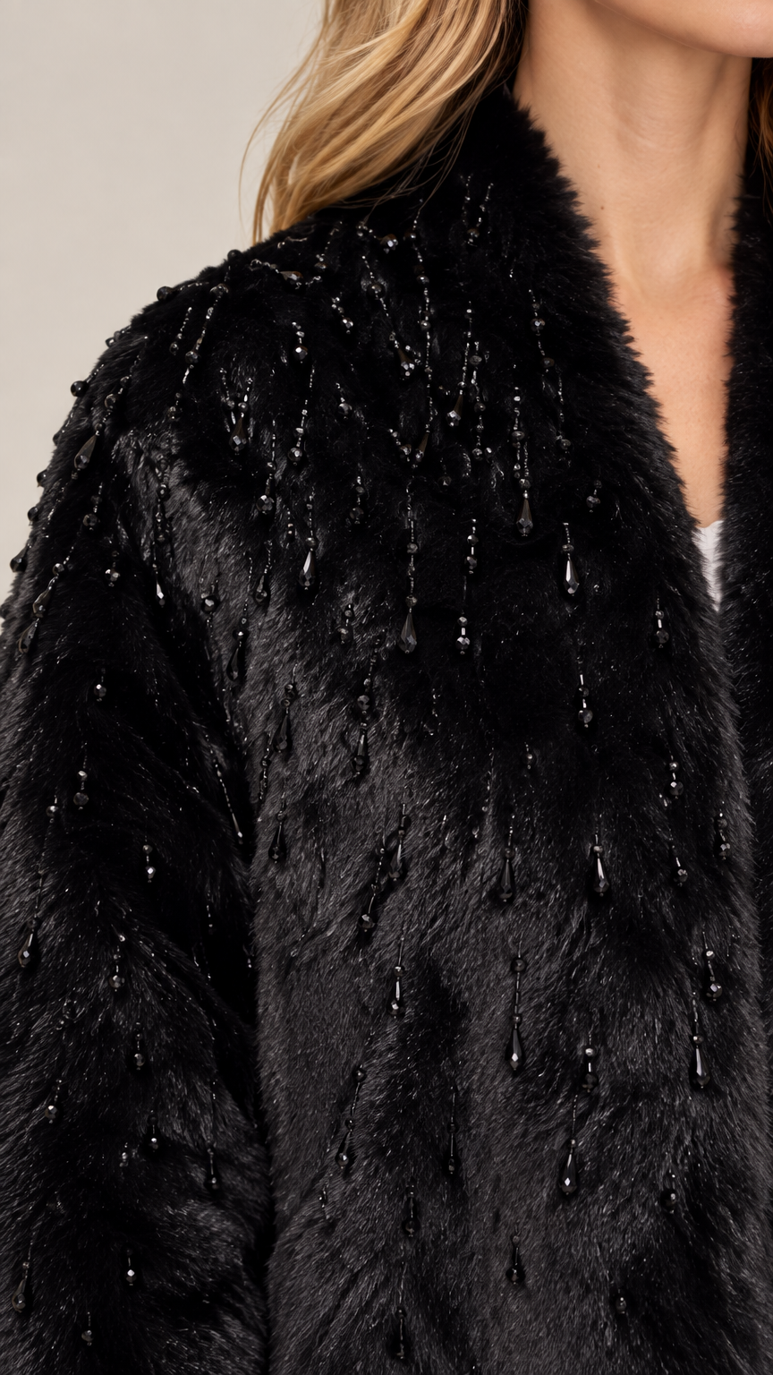 Close-up detail of black faux fur fabric with delicate beaded embellishments