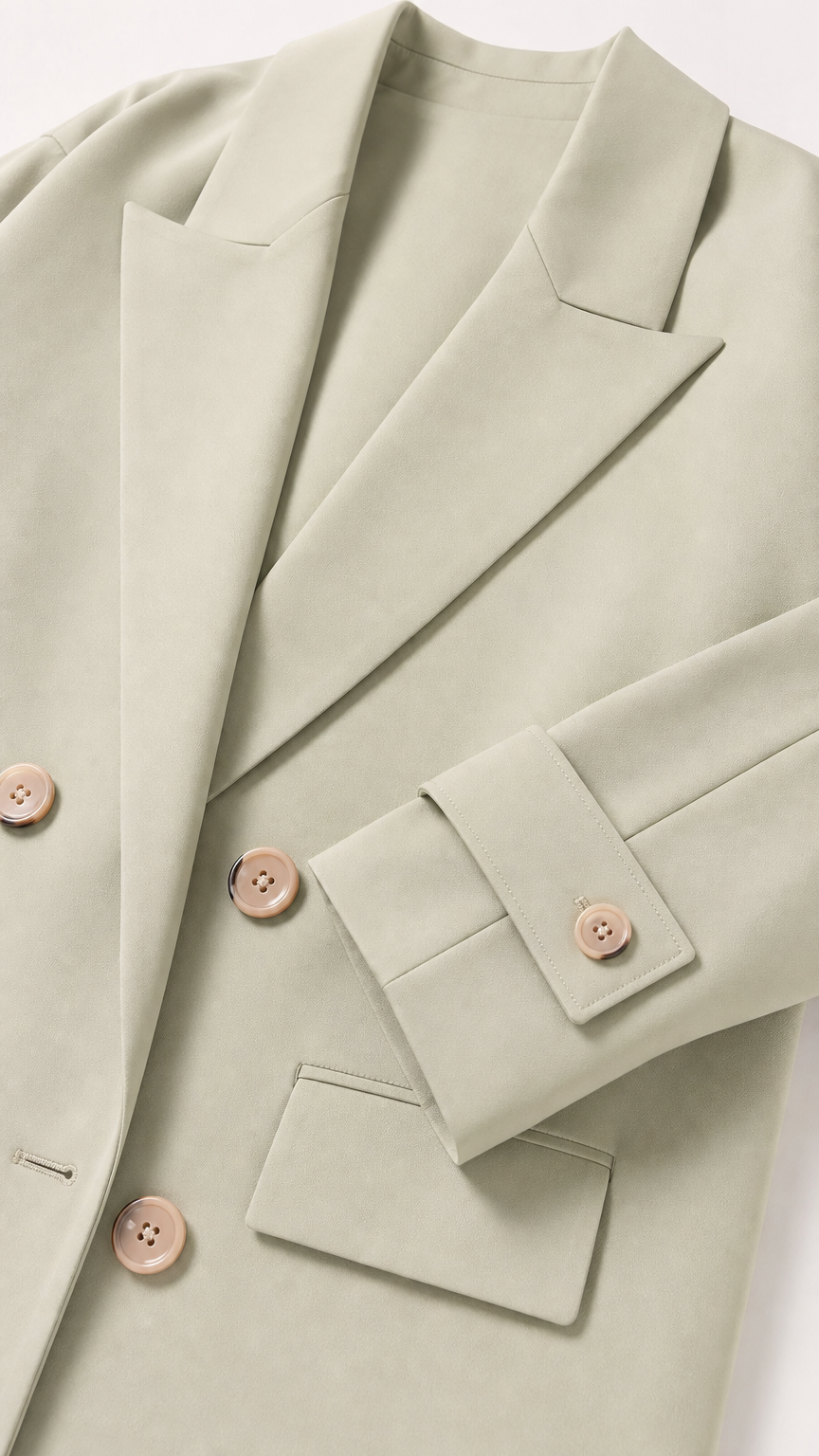 Close-up detail of Sage Green coat showing notched lapel, double-breasted buttons, flap pocket, and cuff strap