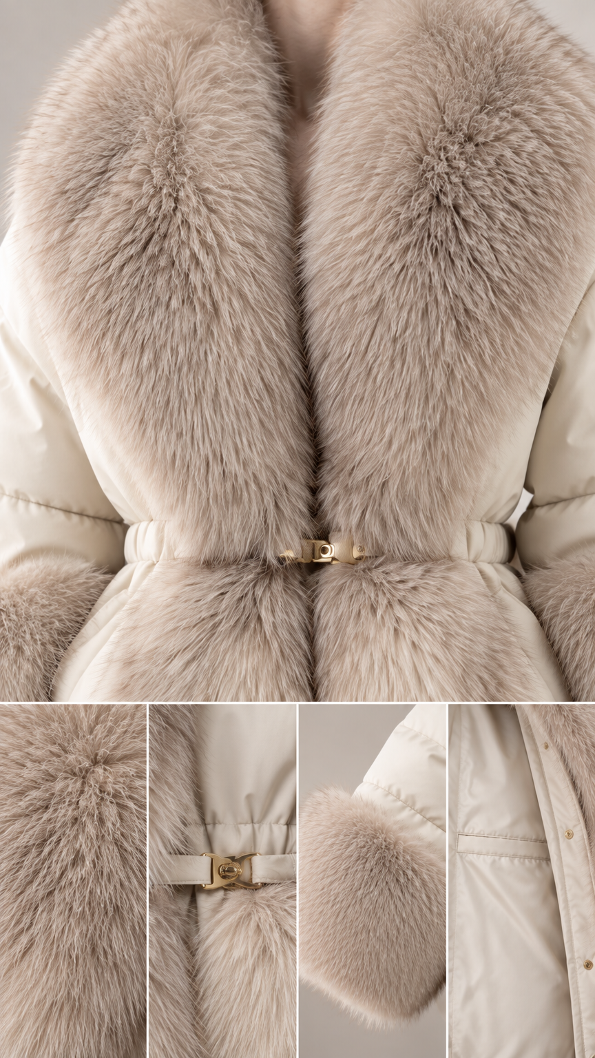 Close up details of plush faux fur collar, cuffs, and gold-tone waist buckle