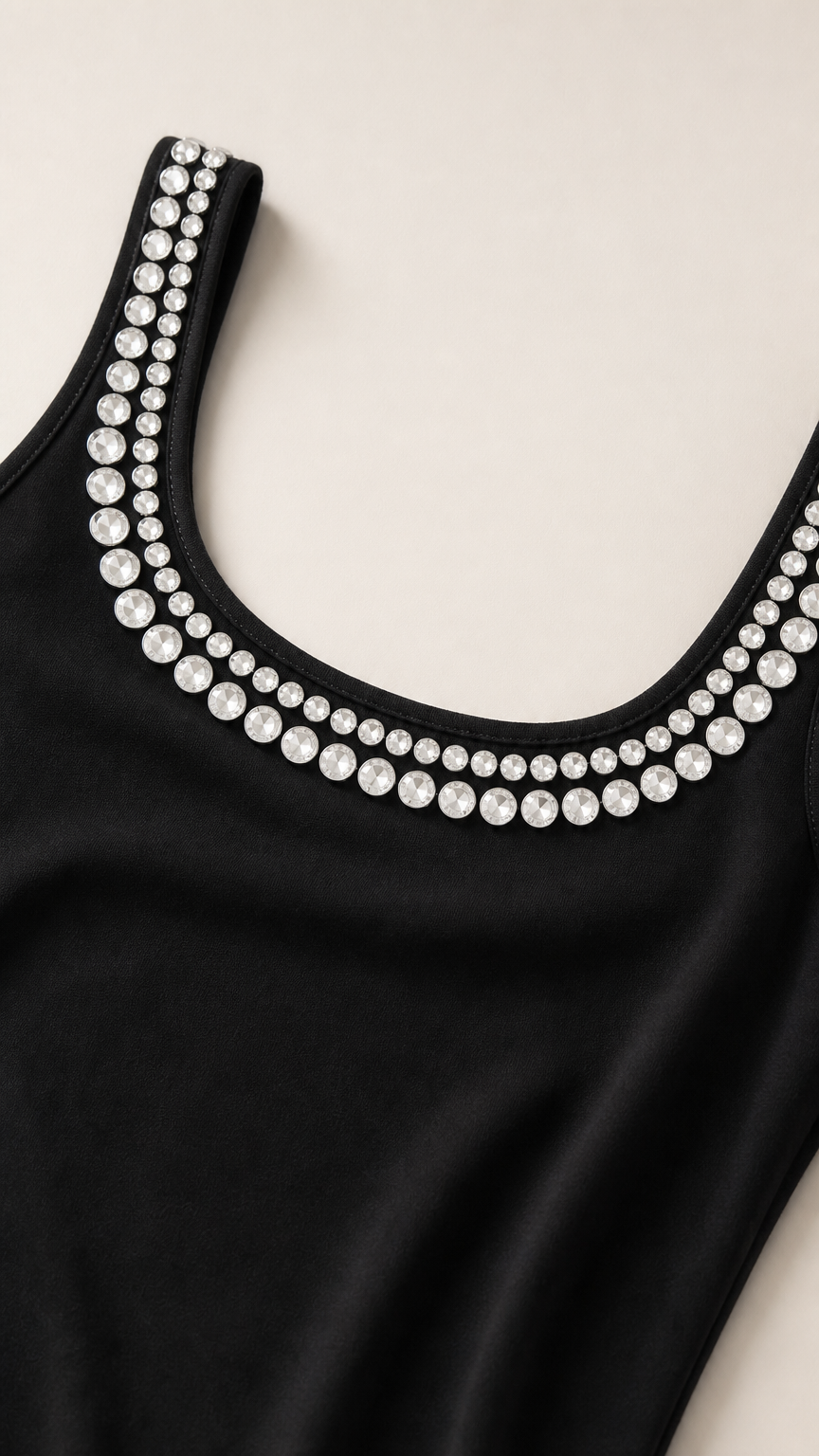 Close-up detail of sparkling crystal rhinestone trim on scoop neckline