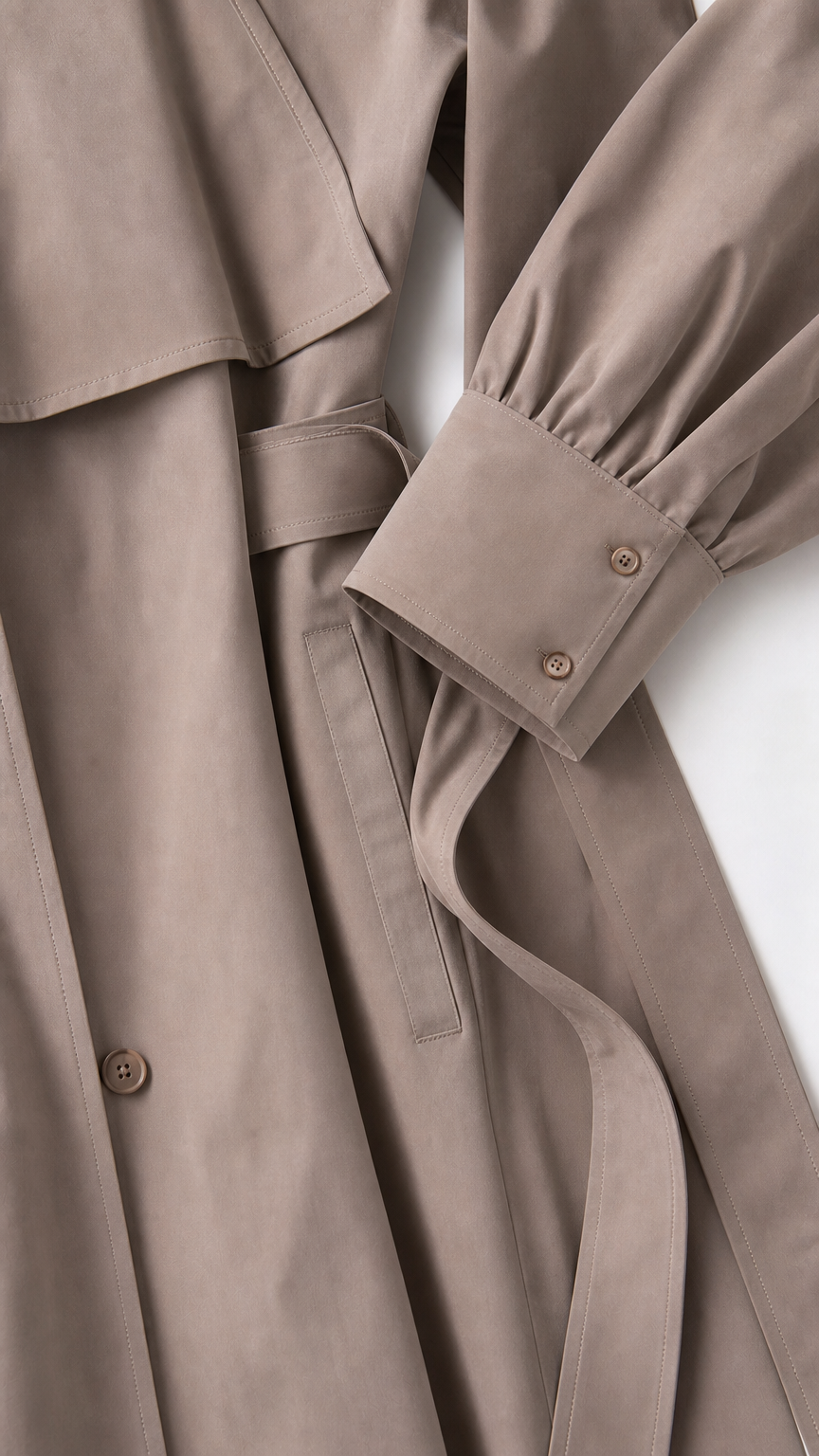 Close-up detail of the taupe brown coat fabric, belted waist, and tailored double-button sleeve cuff
