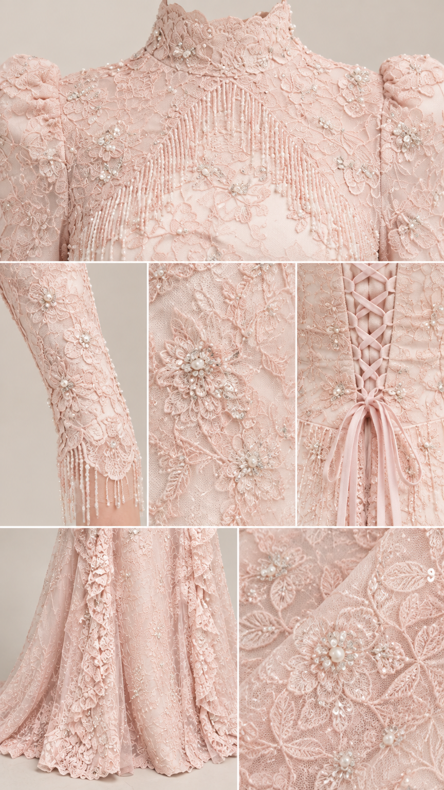 Close-up details of beaded embroidery, mock collar, and sleeve craftsmanship