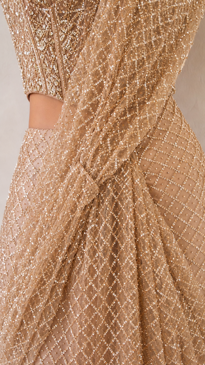 Close-up detail of geometric sequin lattice fabric and waist drape