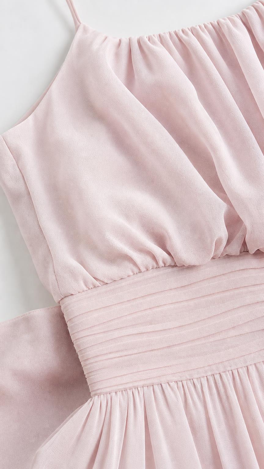 Close up of gathered neckline and pleated waistband in pink