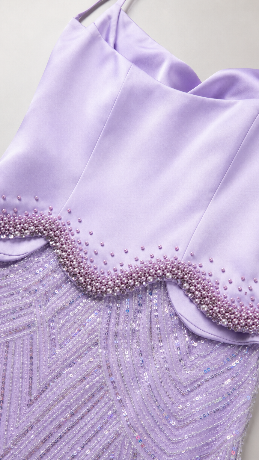 Close-up detail of beaded peplum and satin bodice in Lavender
