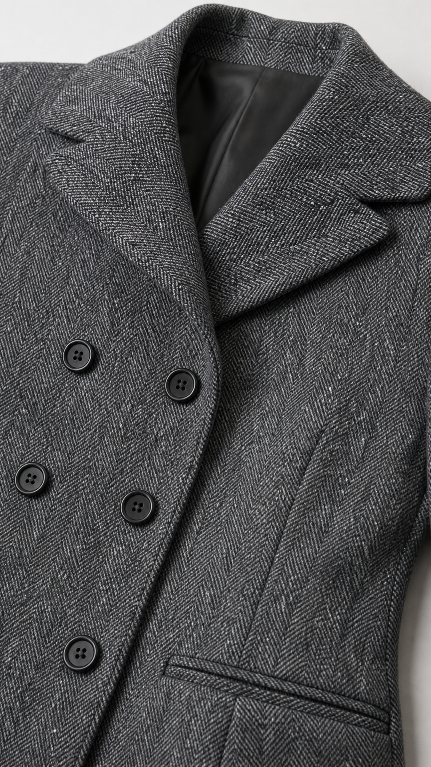 Close-up detail of textured Heather Grey herringbone tweed fabric, buttons, and lapel