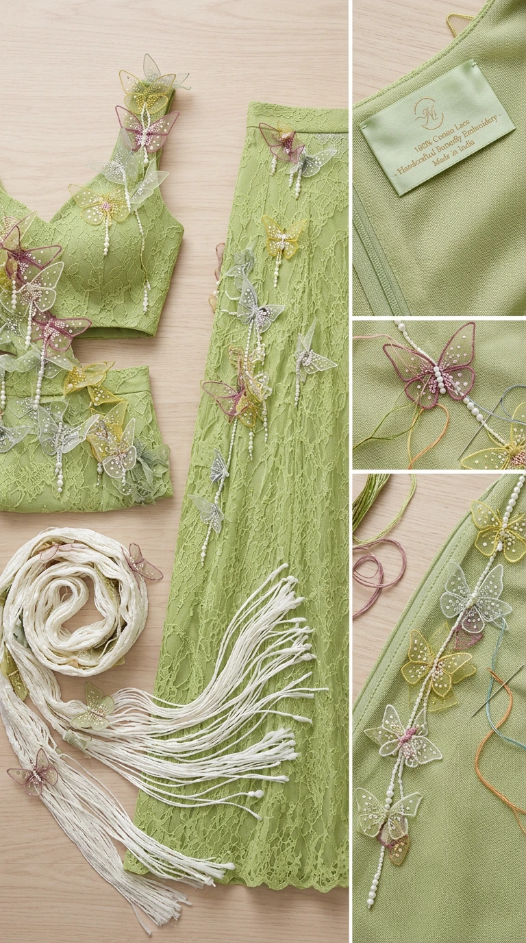 Close-up flat lay of lace fabric, beaded 3D butterfly details, and tasseled accessories