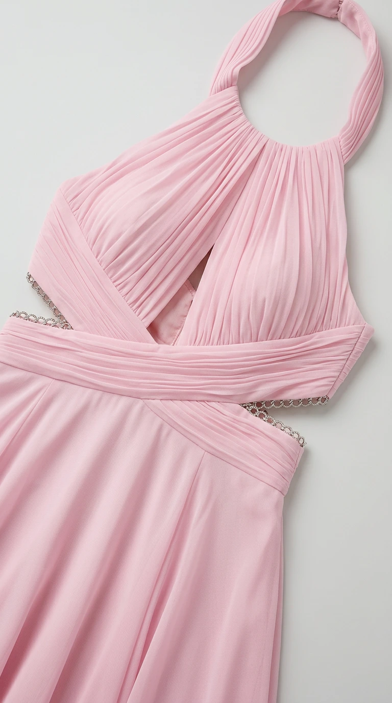 Close-up detail of pink chiffon dress bodice and rhinestone waist trim