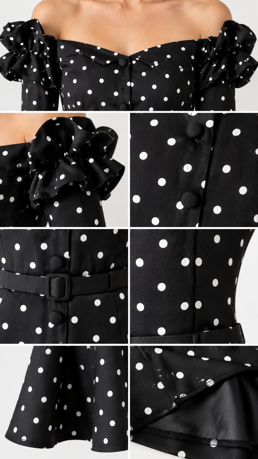 Close-up details of neckline, ruffle sleeve, waist belt, and hem stitching