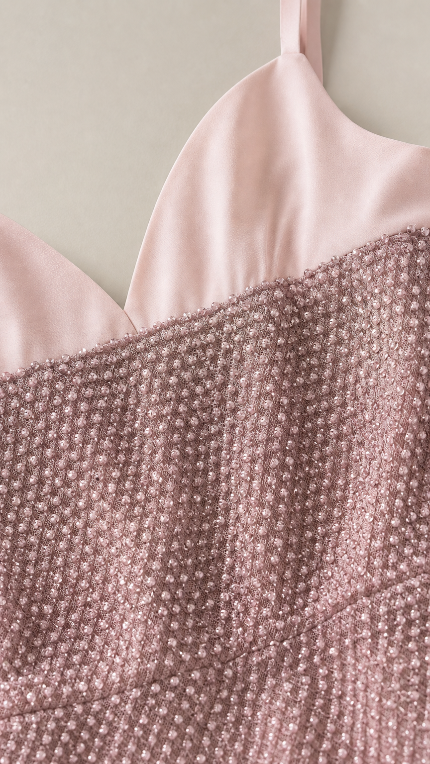 Close-up detail of smooth satin-finish neckline and textured shimmer fabric in dusty rose