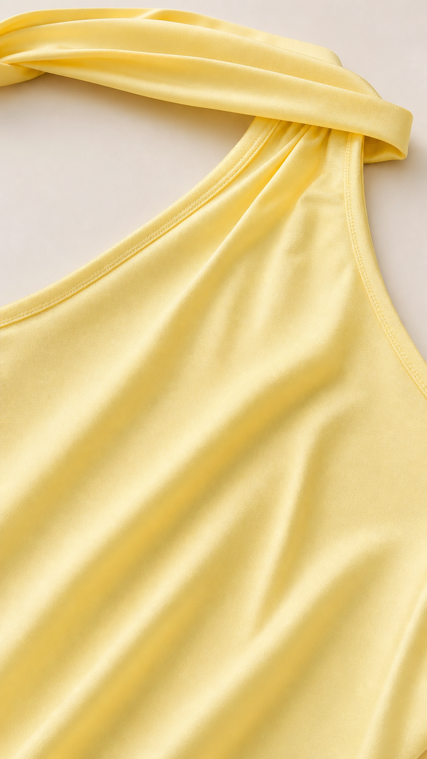 Close-up of the smooth yellow satin fabric and one-shoulder halter neckline
