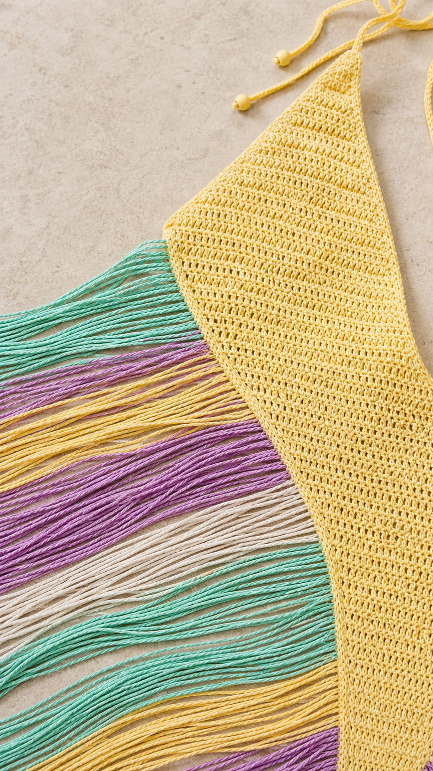 Close-up detail of yellow knit bodice and multicolored fringe