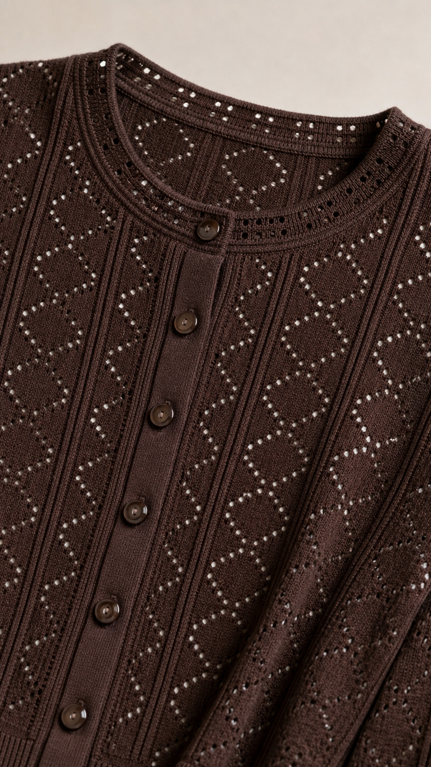Close-up detail of Chocolate Brown openwork pointelle knit pattern and buttons