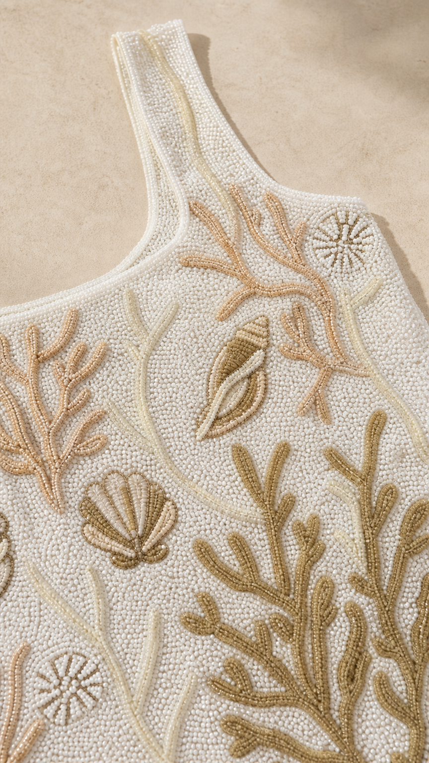 Close-up detail shot of intricate beadwork showing coral and shell patterns