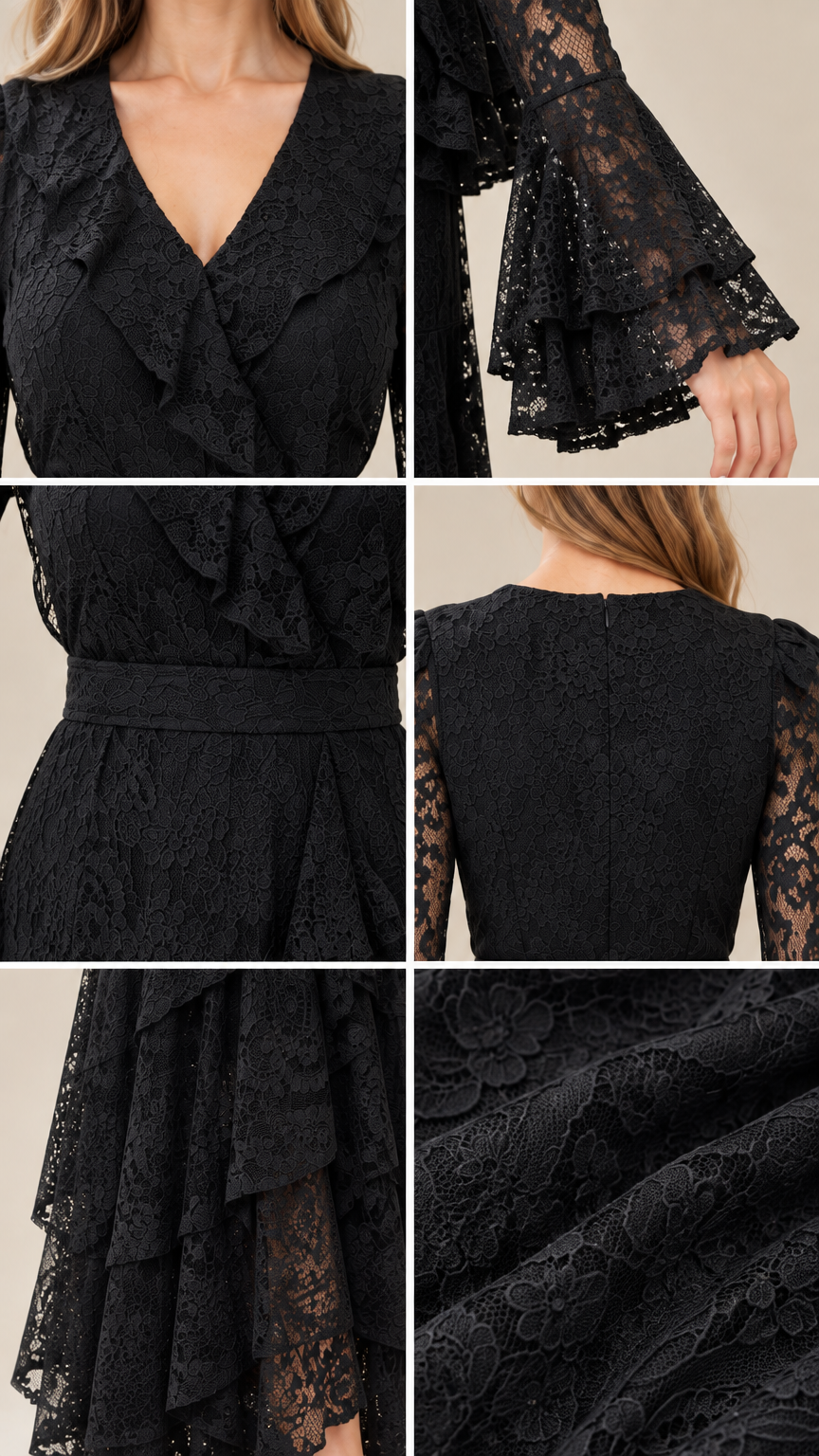 Close-up details of black lace fabric, ruffle v-neckline, and tiered bell cuff