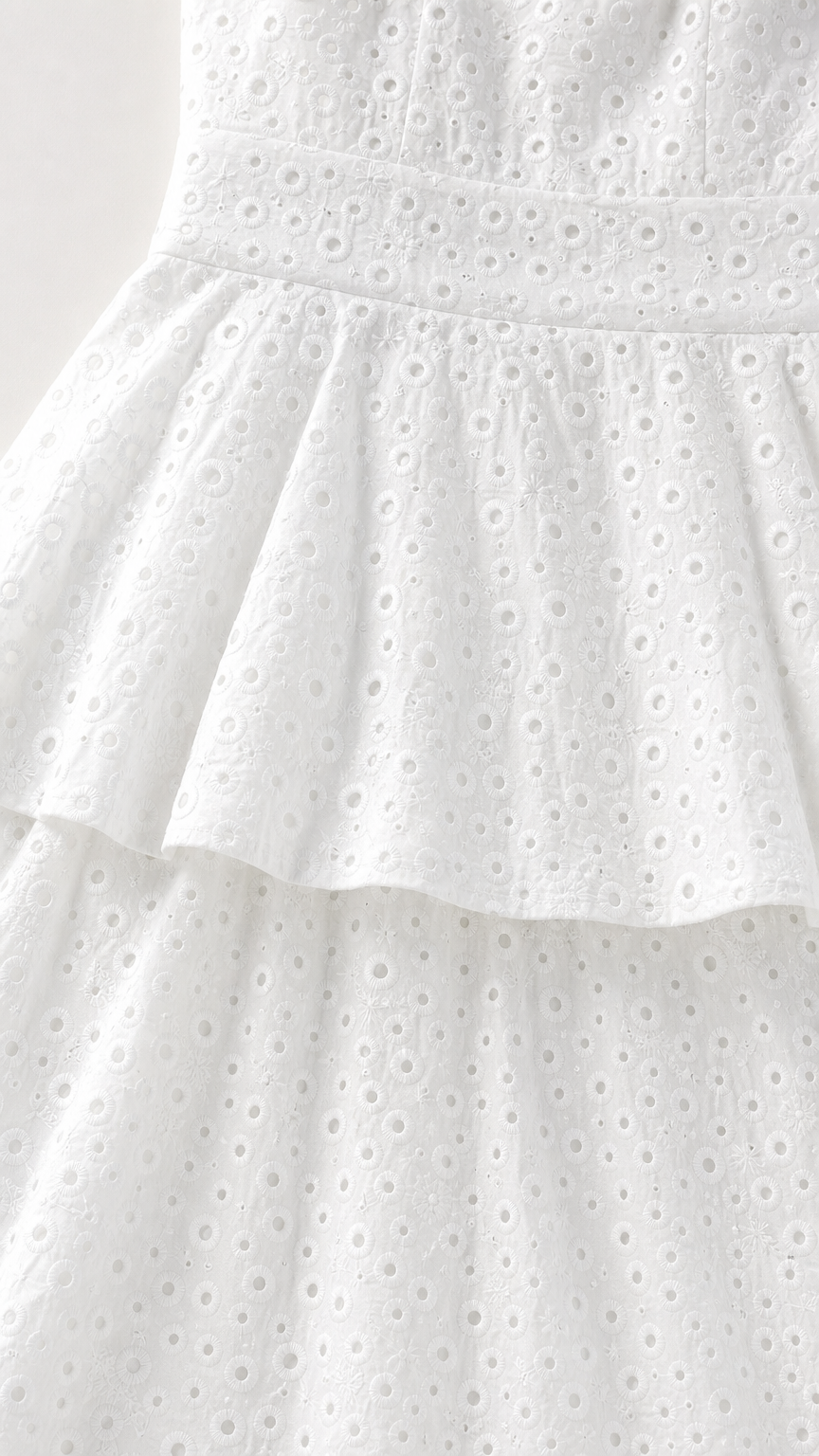 Close-up of fabric texture on white eyelet maxi dress