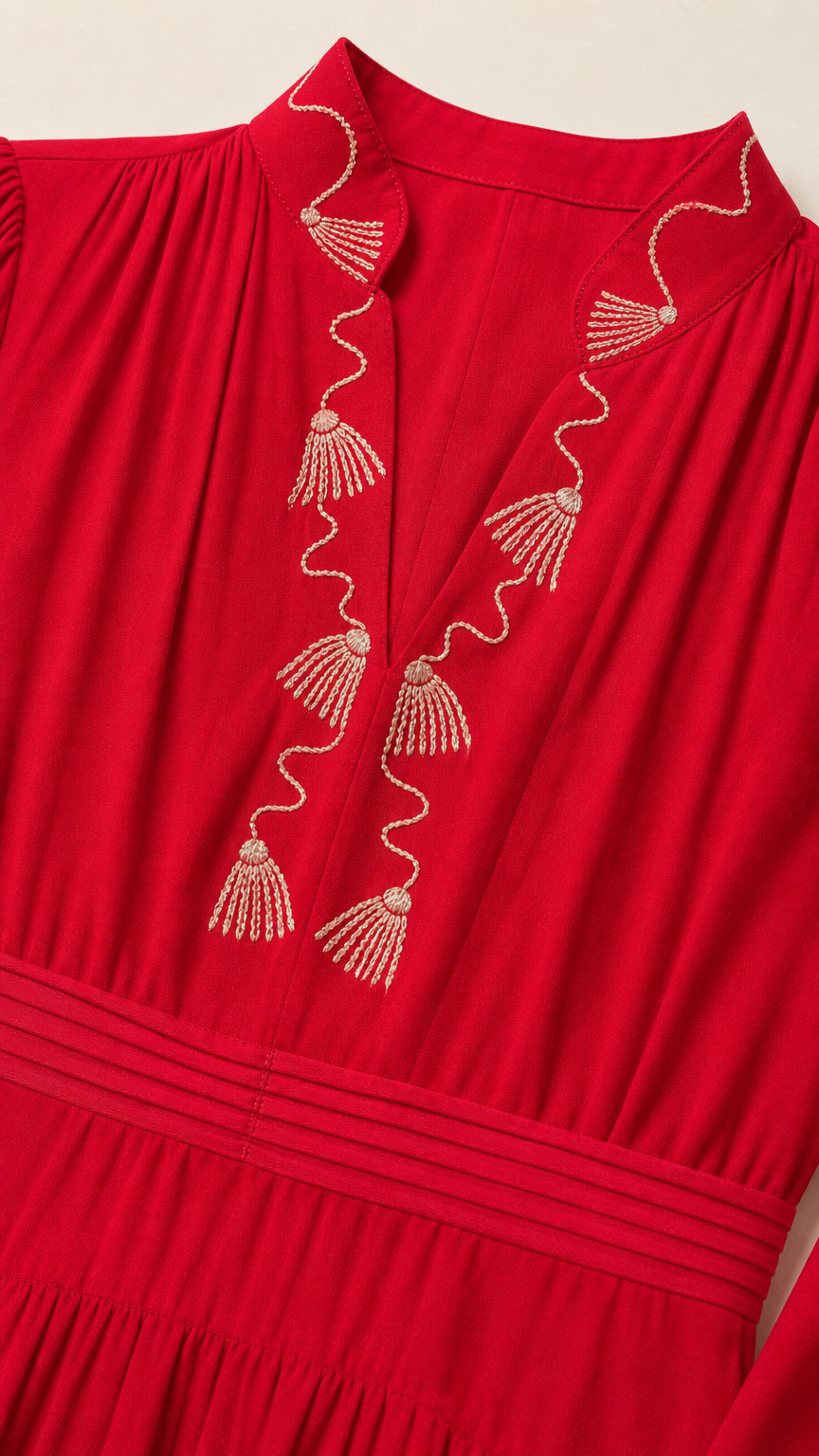 Close up view of gold-tone embroidery along V-neckline on red dress