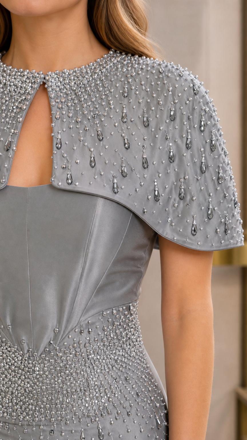 Close-up detail of teardrop beading and neckline cutout on Silver Gray capelet