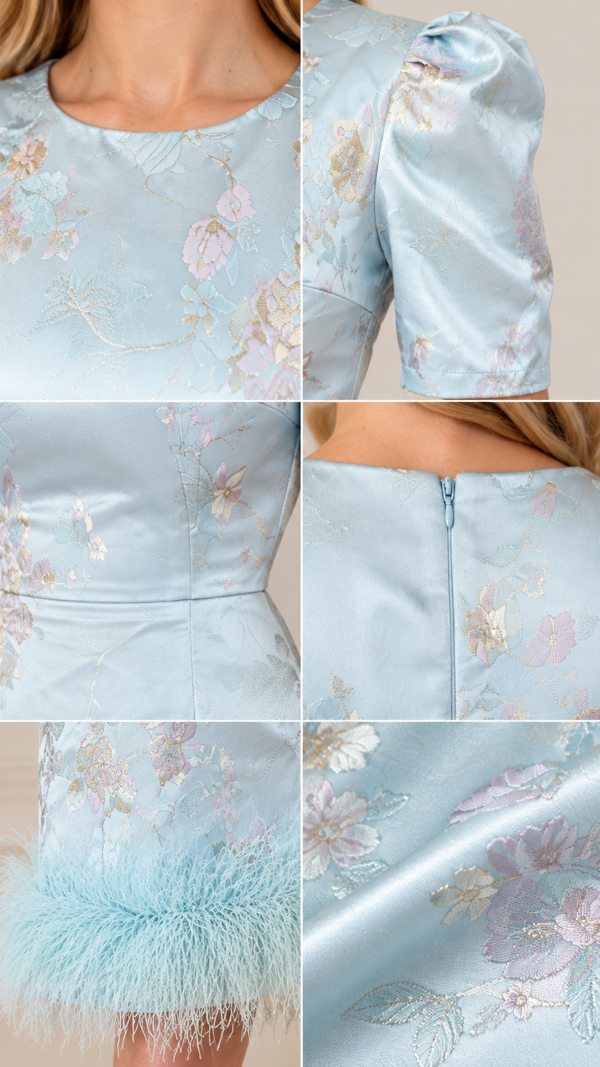 Close-up details of neckline, puff sleeves, back zipper, and feather trim