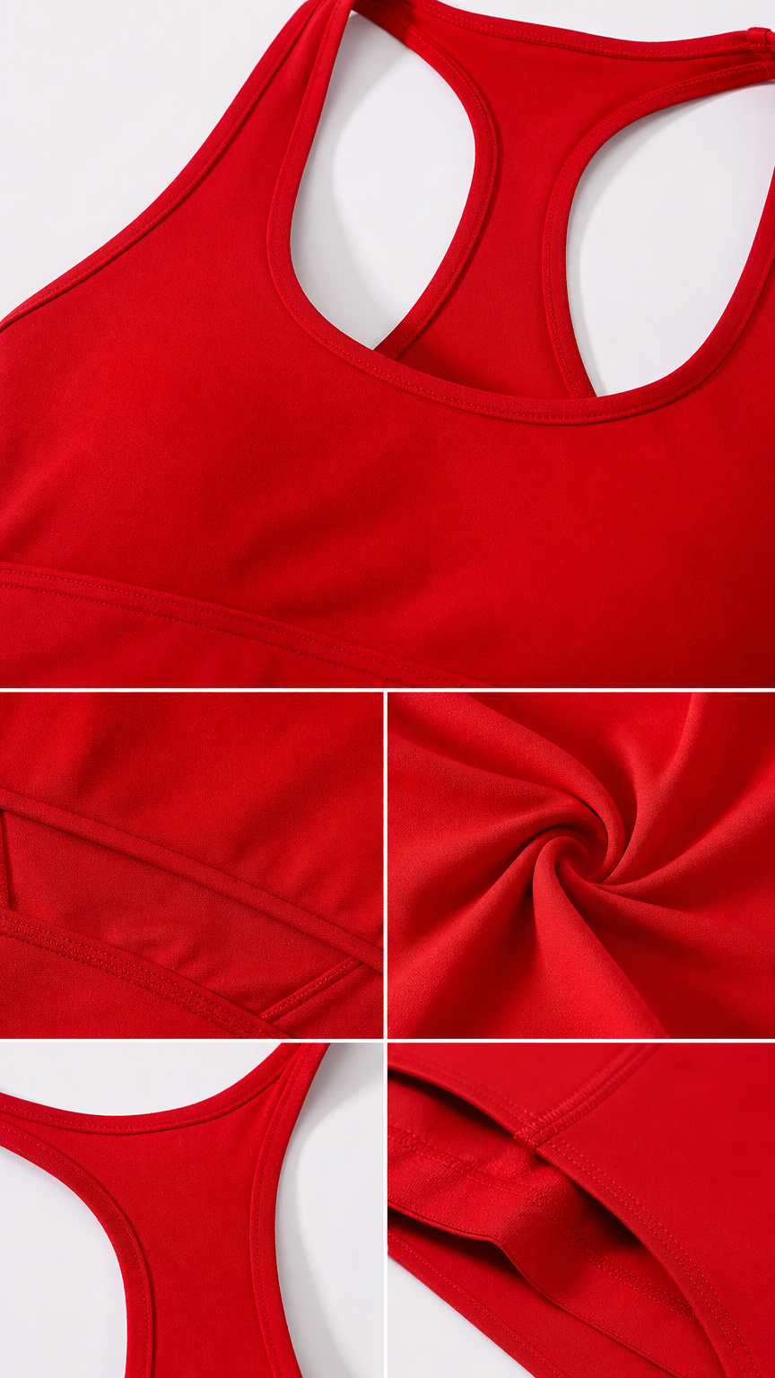 Fabric and seam detail close-up shots of red halter unitard