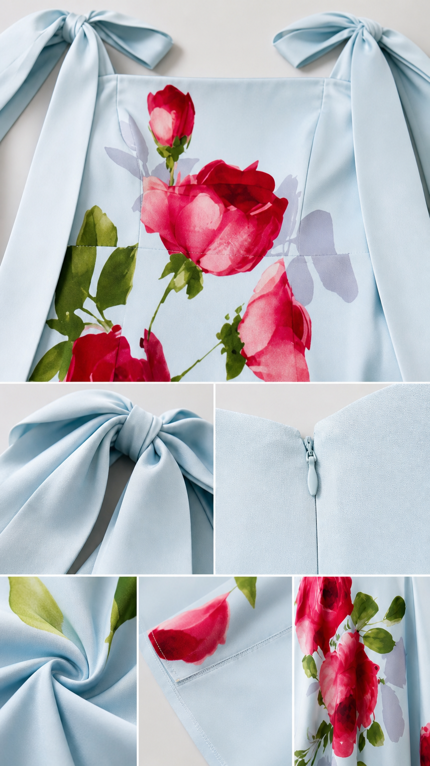 Close-up details of shoulder tie, bodice floral print, and zipper construction