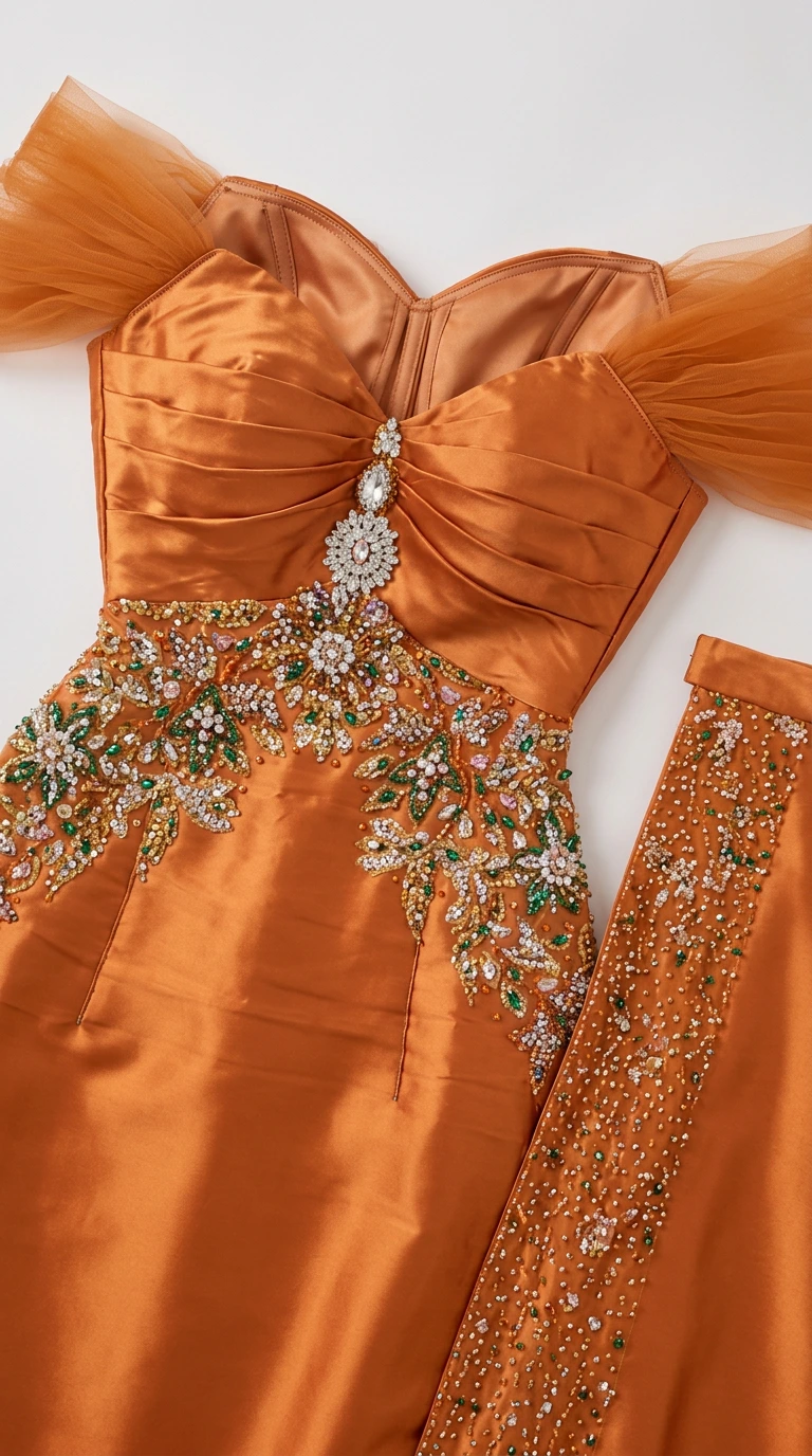 Close-up detail of sweetheart neckline and crystal beaded embroidery on orange gown