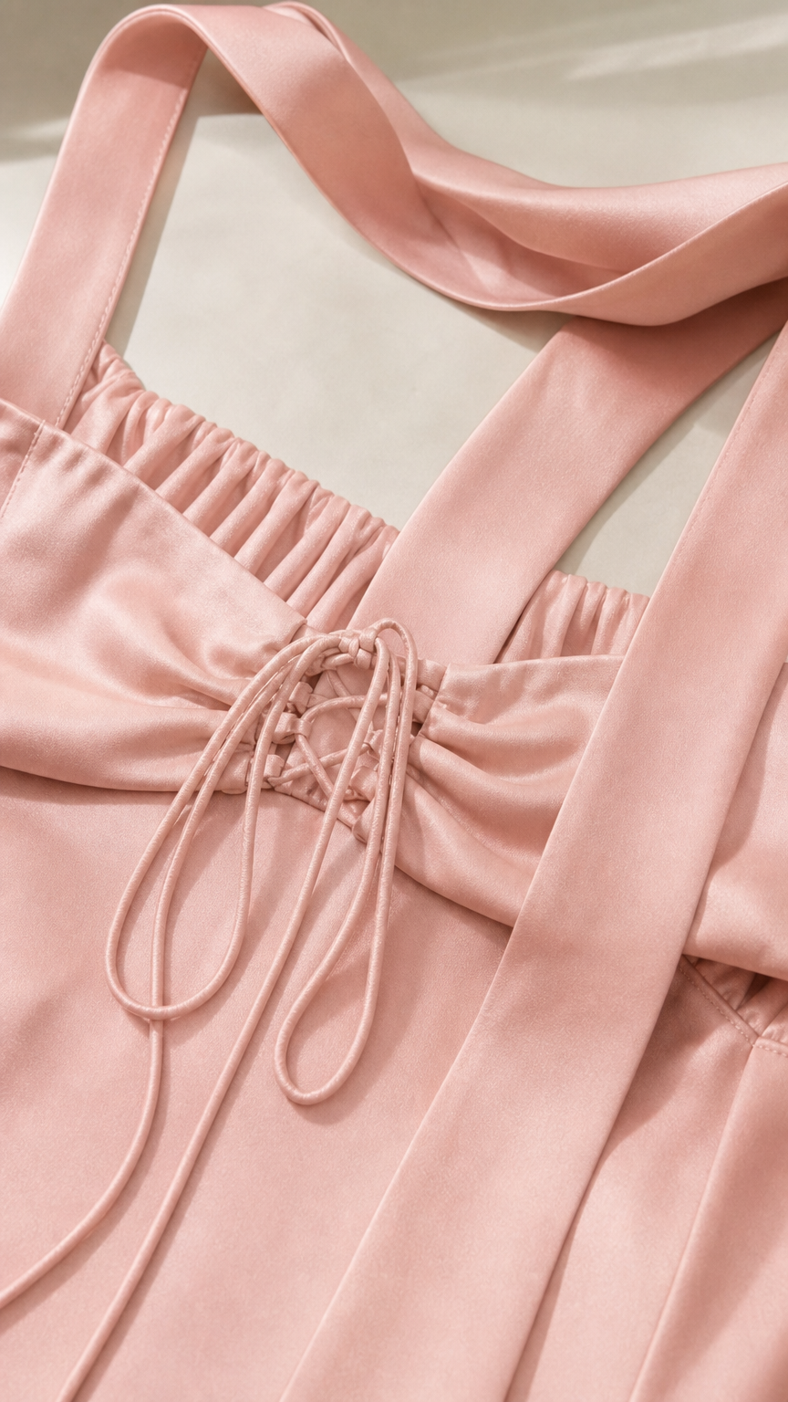 Close-up detail of Blush Pink satin dress showing back lace-up closure and ribbon straps