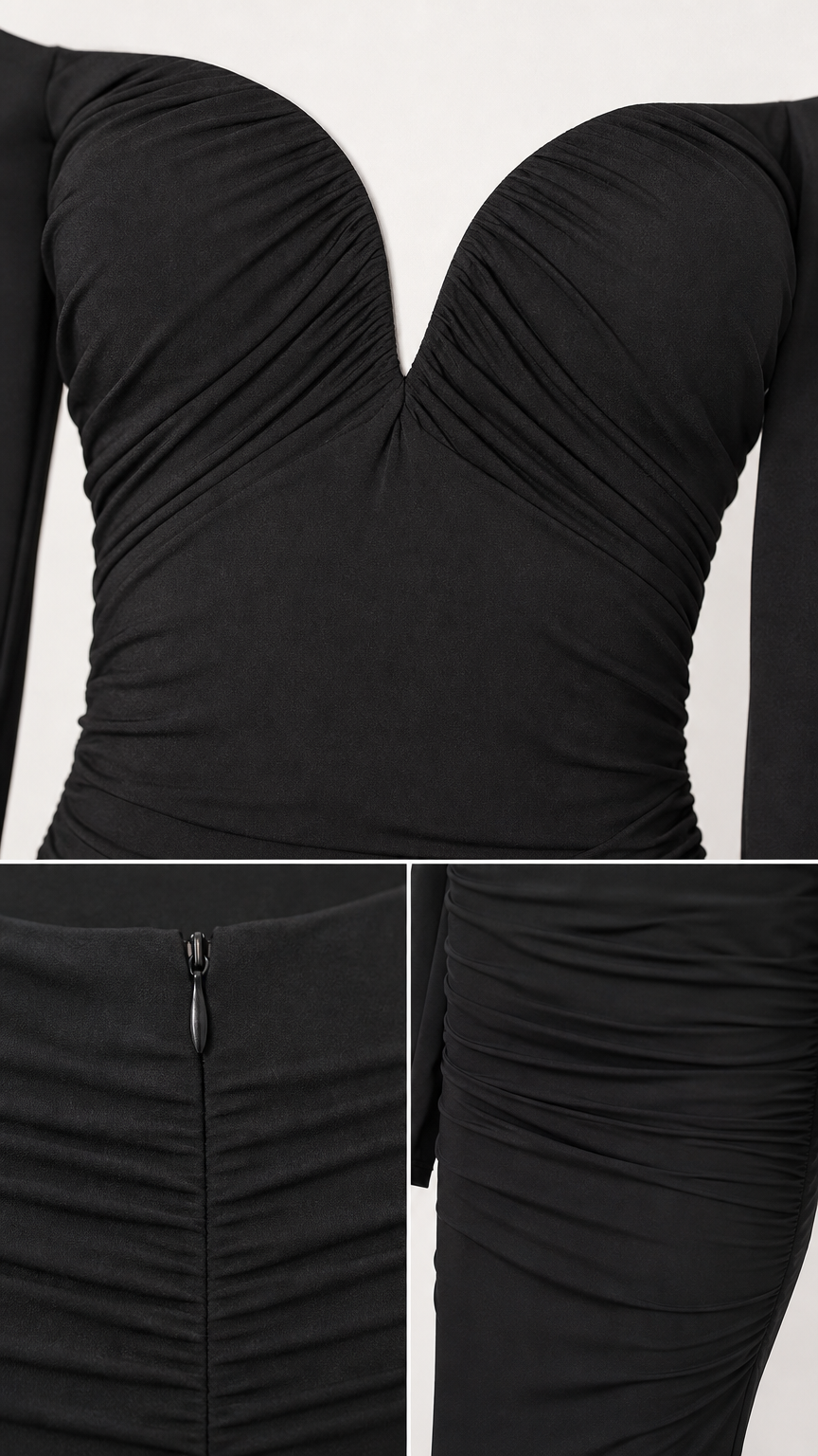 Close-up of bodice sweetheart neckline and back zipper