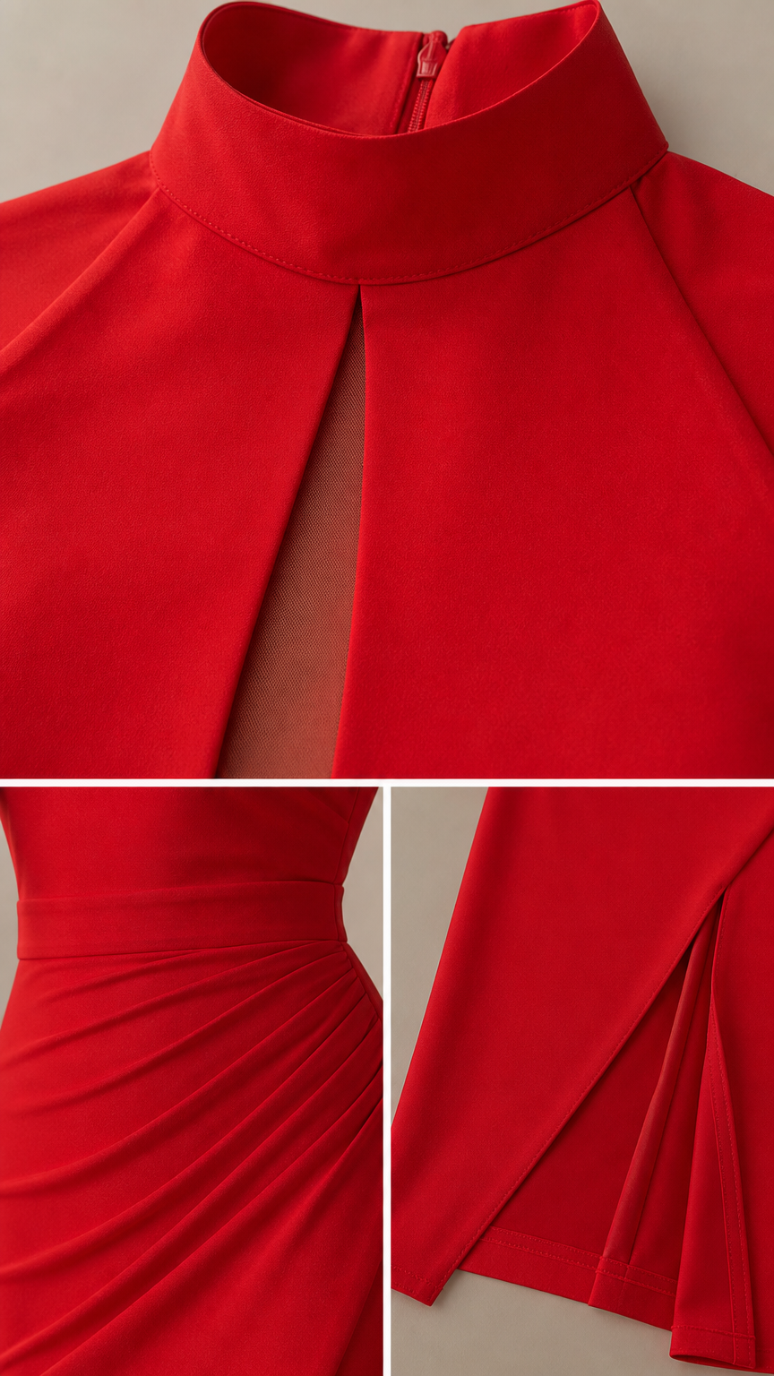 Close-up details of red dress collar, ruching, and hemline