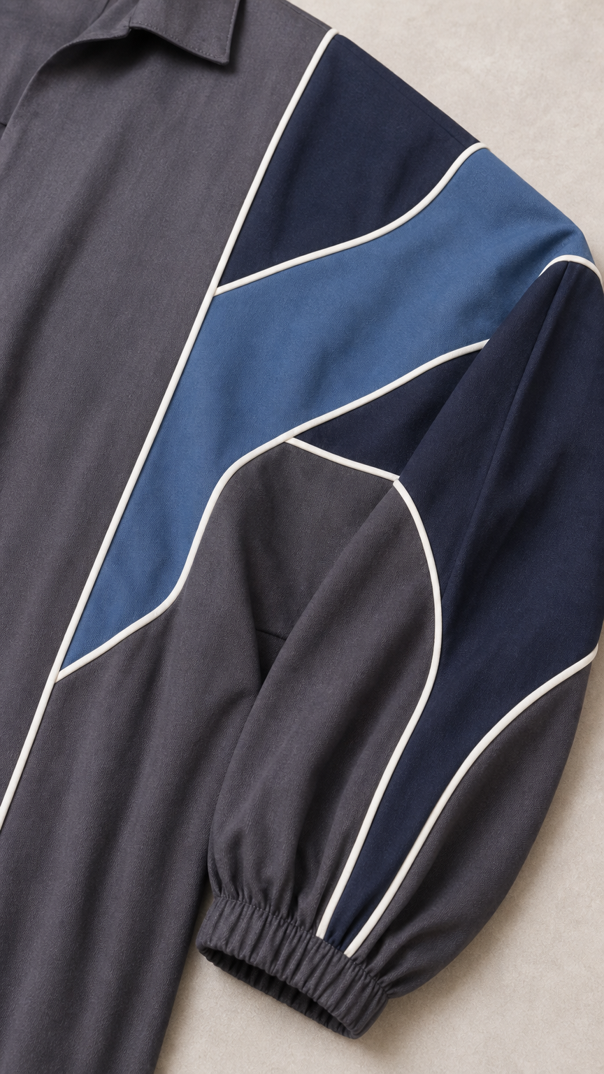Close-up of colorblock sleeve detail with blue accents and white piping