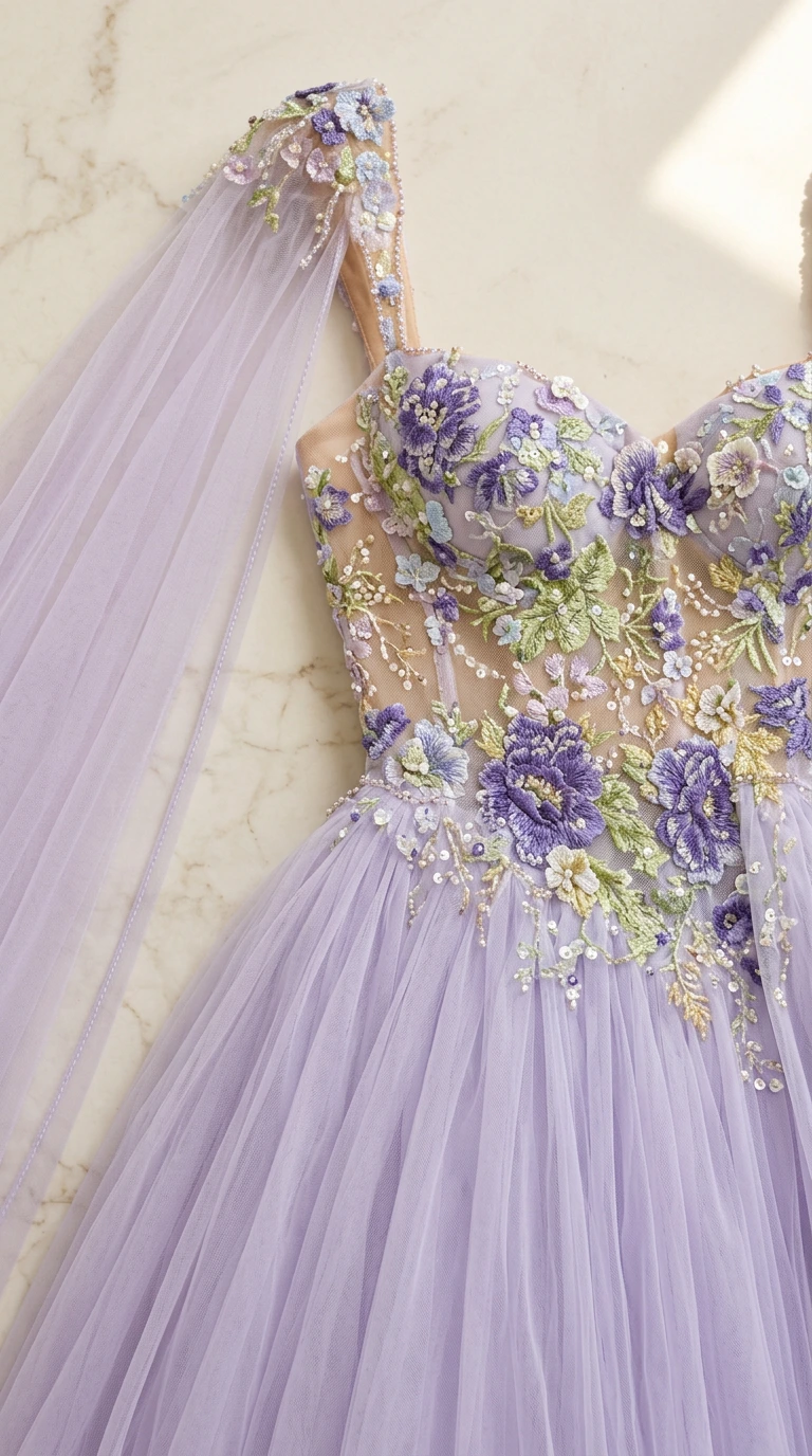 Close-up detail of lavender gown bodice showing floral embroidery and appliqué