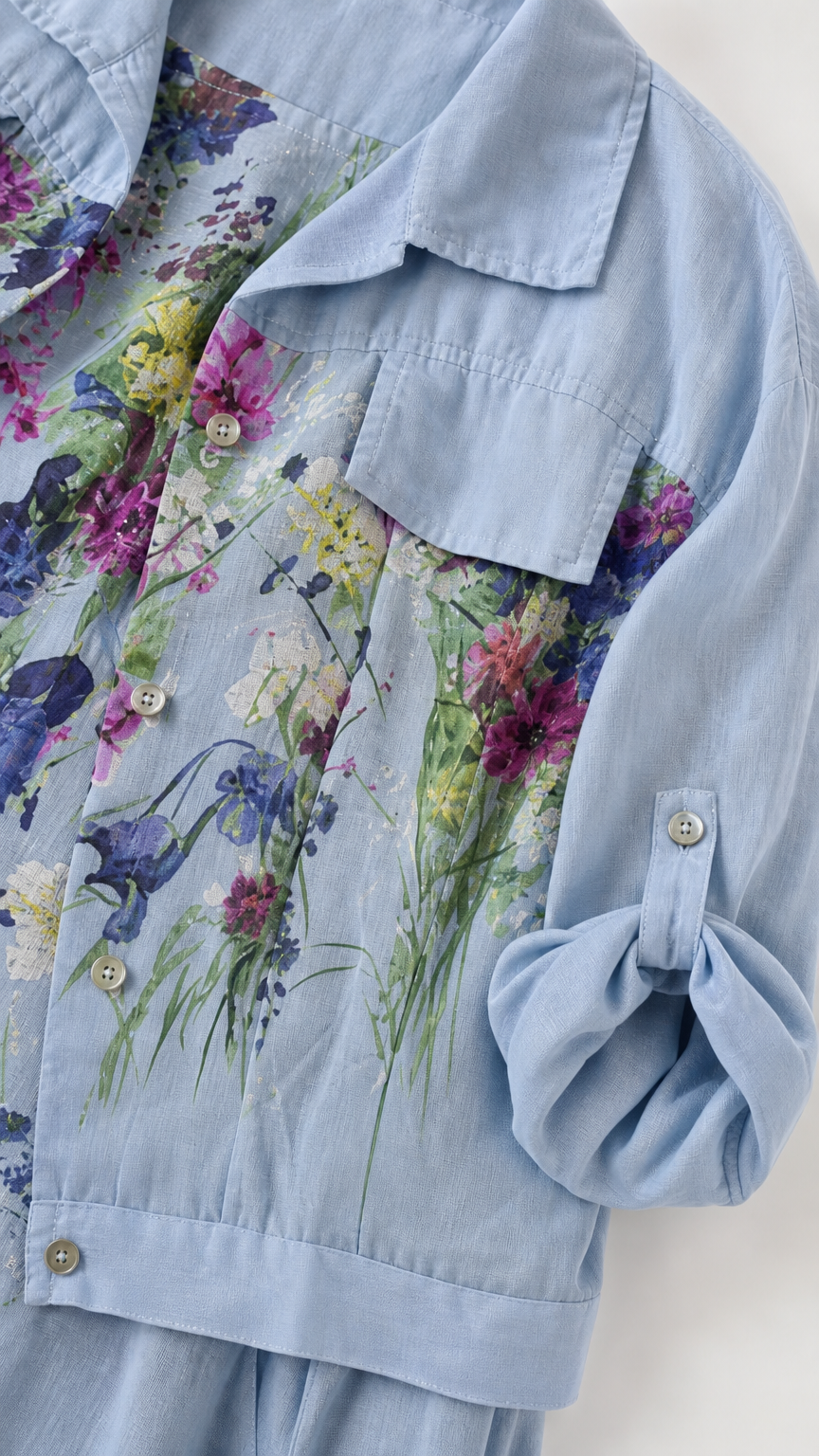 Close-up detail of sky blue jacket fabric, chest pockets, buttons, and roll-tab sleeve