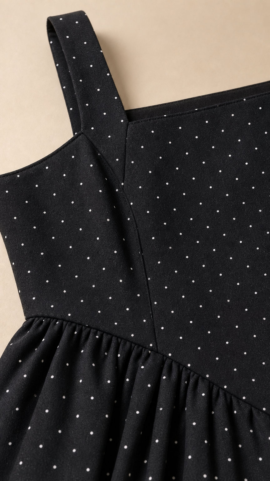 Close-up detail of black fabric with mini white polka dots and square neckline seam