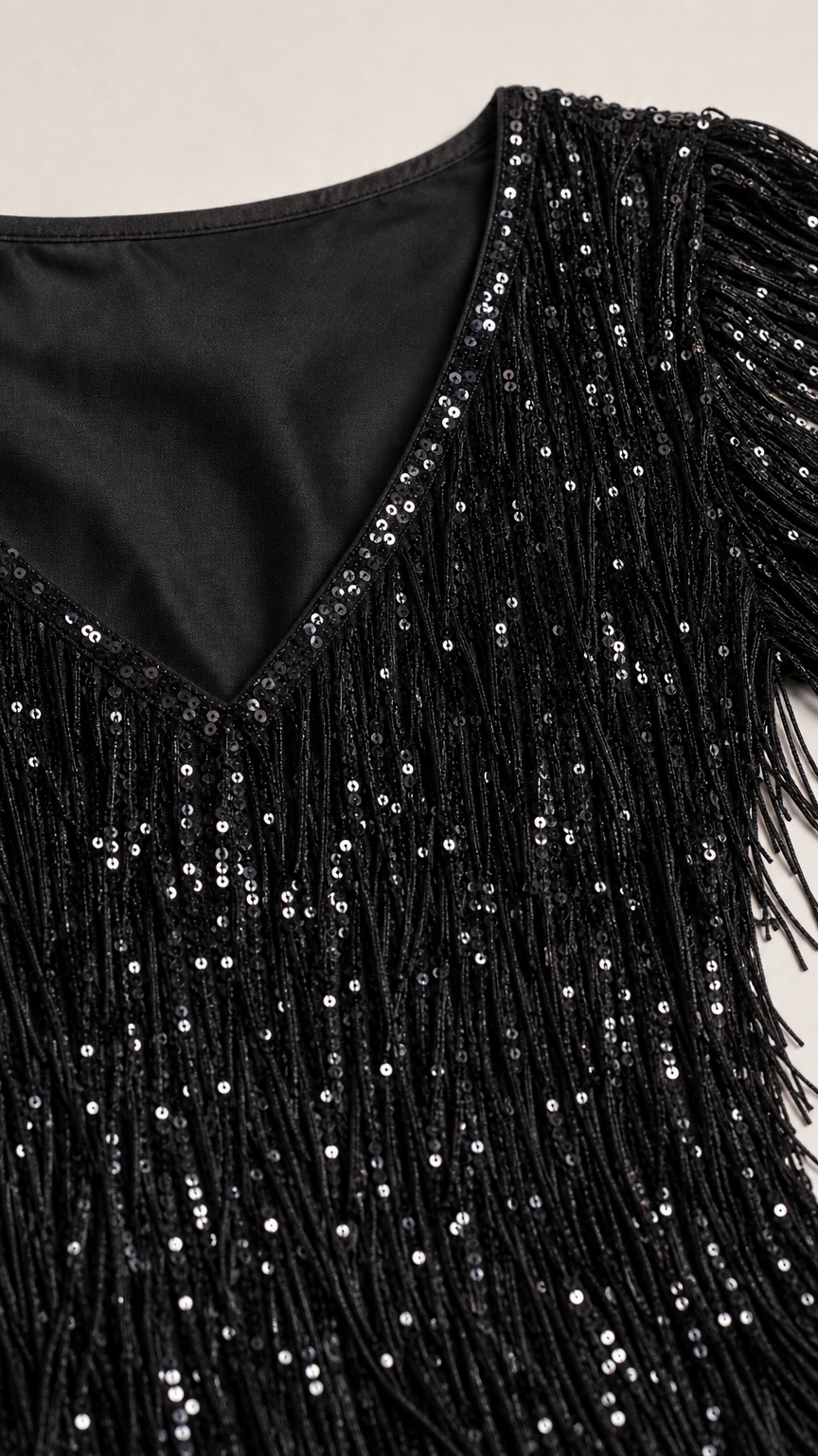 Close-up detail of V-neckline and black sequin fringe texture
