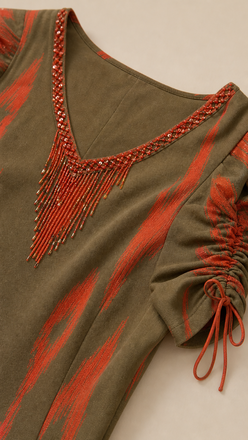 Close-up of beaded V-neck fringe trim and ruched sleeve detail on olive green dress
