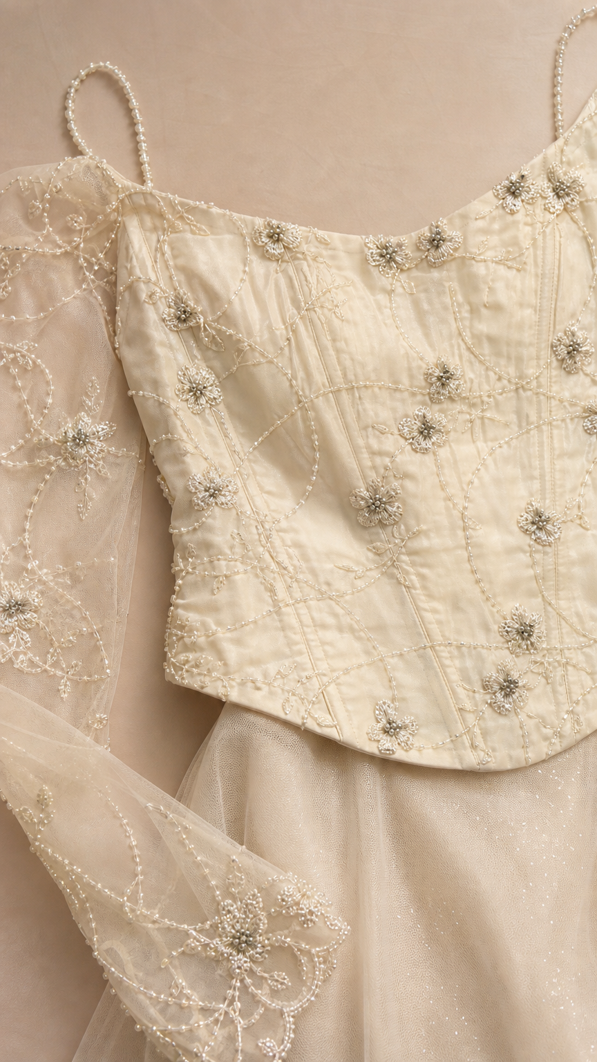 Close-up detail of beaded bodice and sheer sleeves