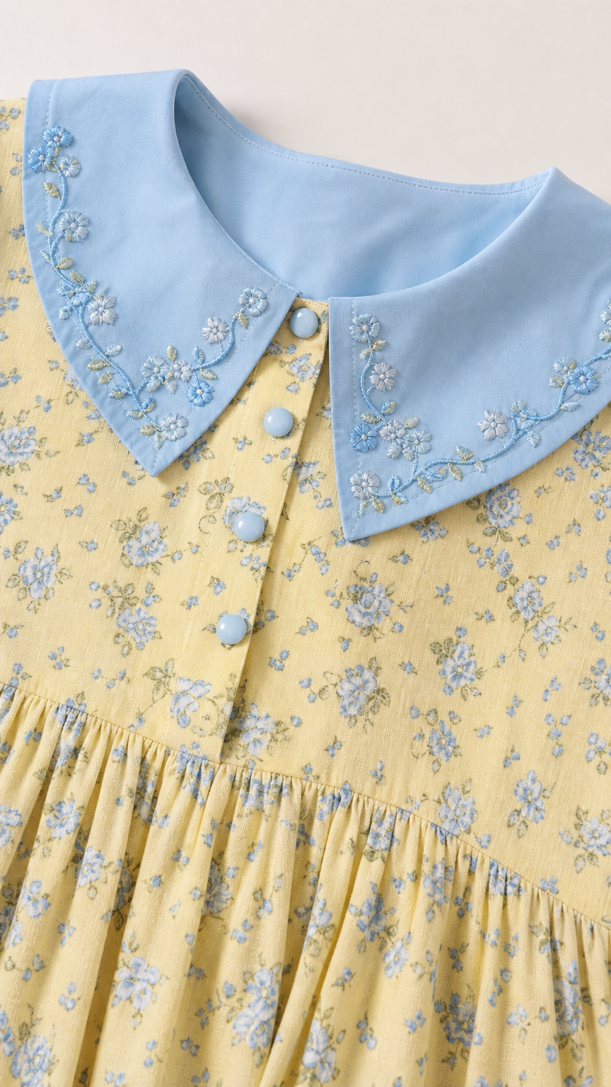 Close-up of contrast light blue embroidered Peter Pan collar with decorative buttons and yellow floral pattern