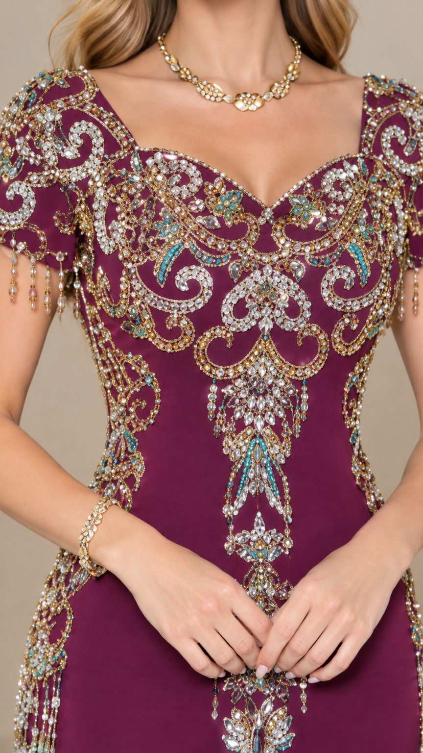 Close-up detail of ornate beadwork, embroidery, and neckline on plum evening gown