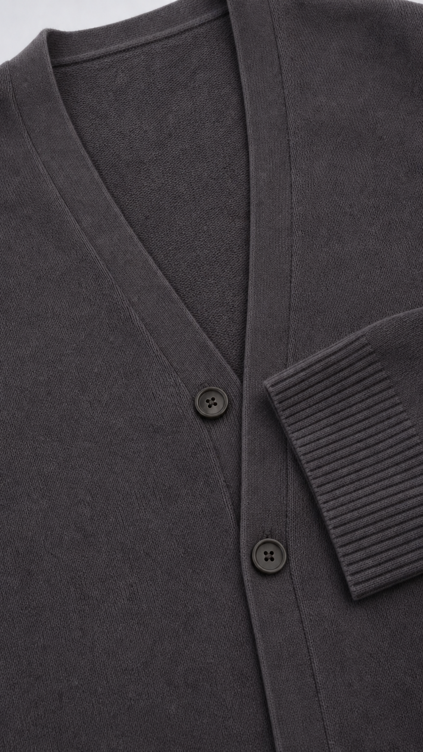 Close up view of Charcoal Grey cardigan showing V-neck, buttons, and ribbed cuff texture