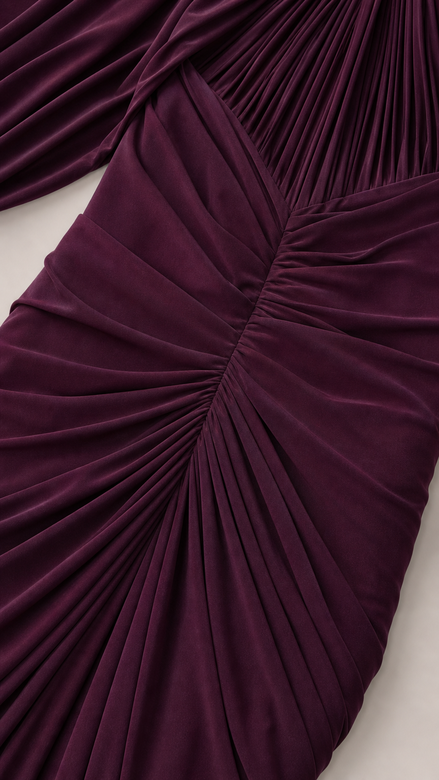 Close-up detail of the front ruching and bodice construction