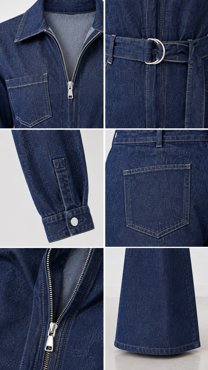 Close-up details of dark blue denim jumpsuit collar, zipper, belt, and cuff