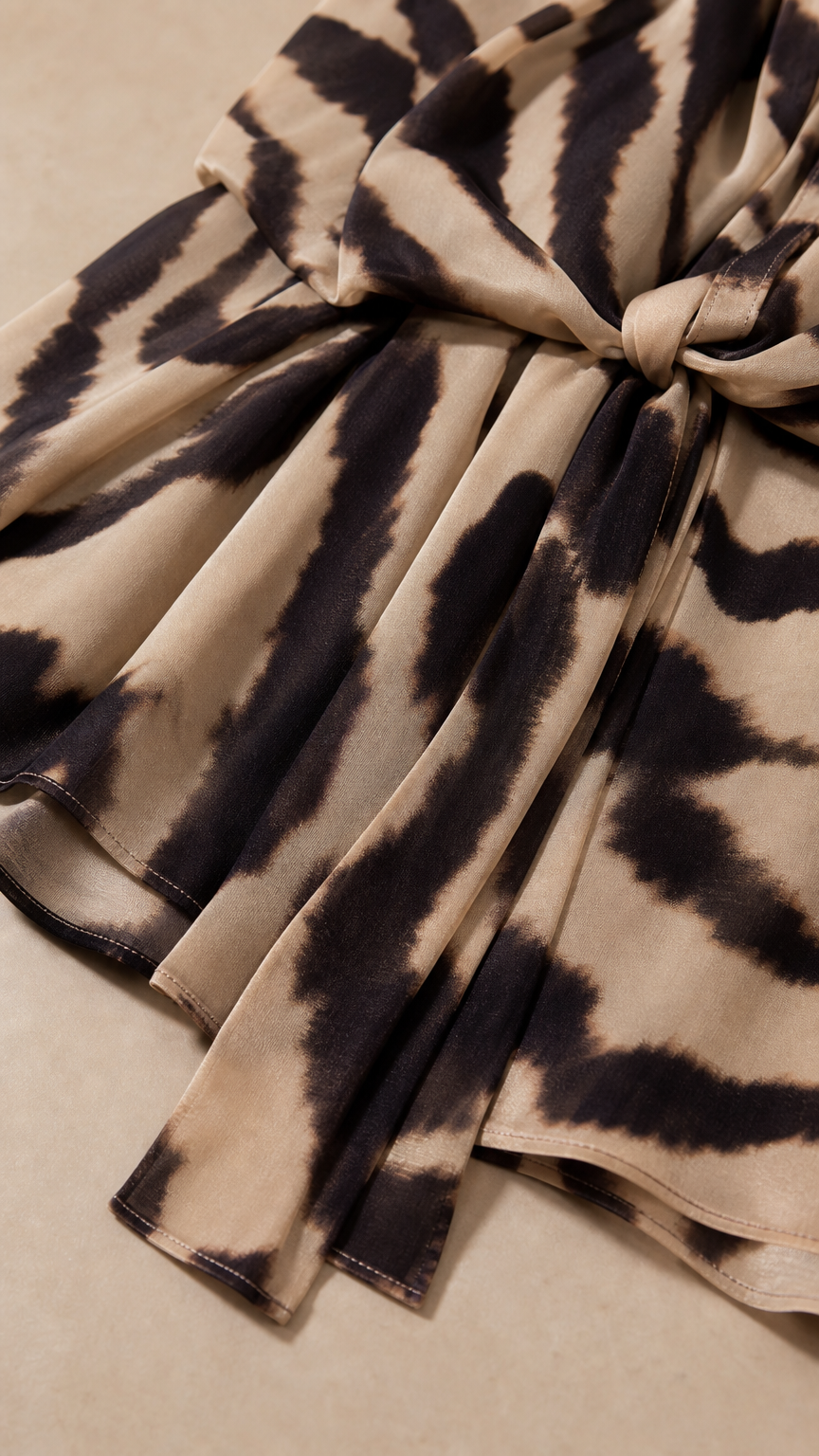 Close-up detail of fabric, pattern, and waist tie