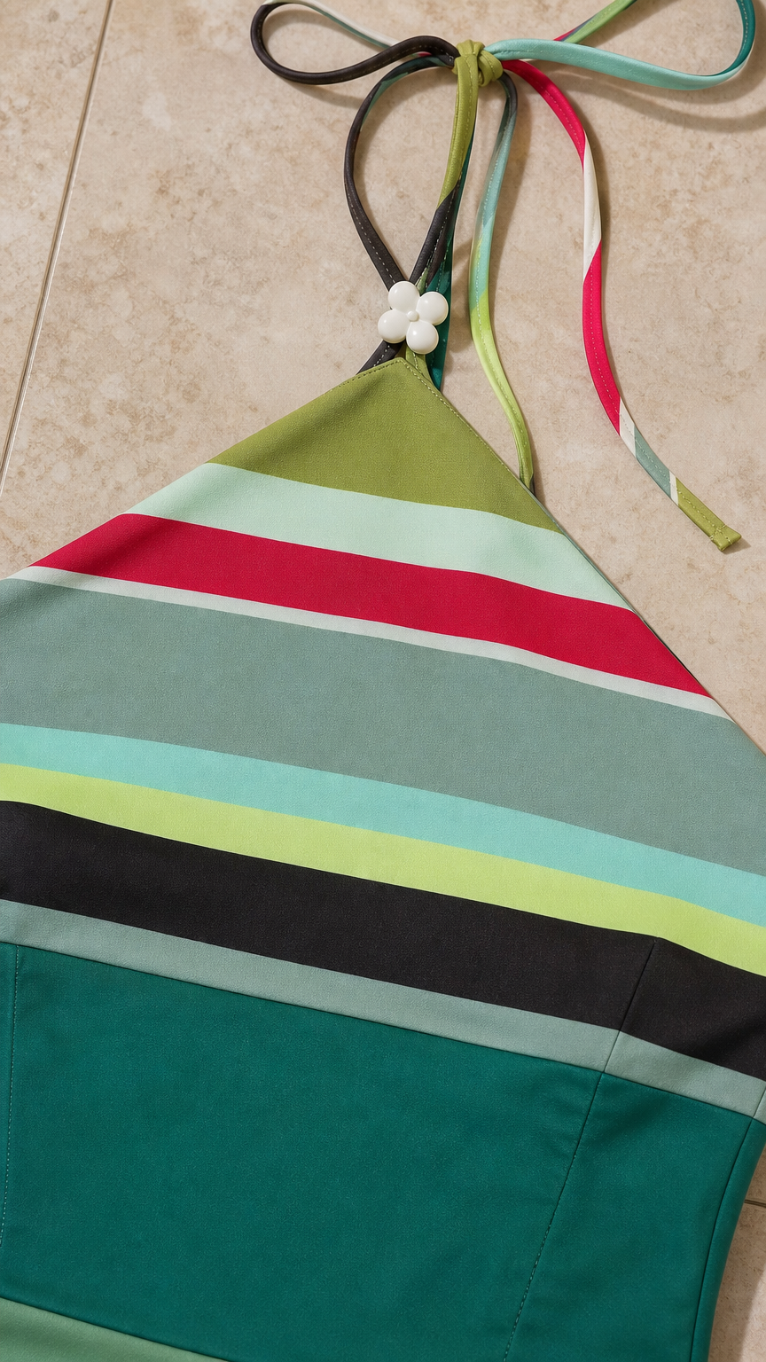 Close-up of halter neck straps and stripe detail