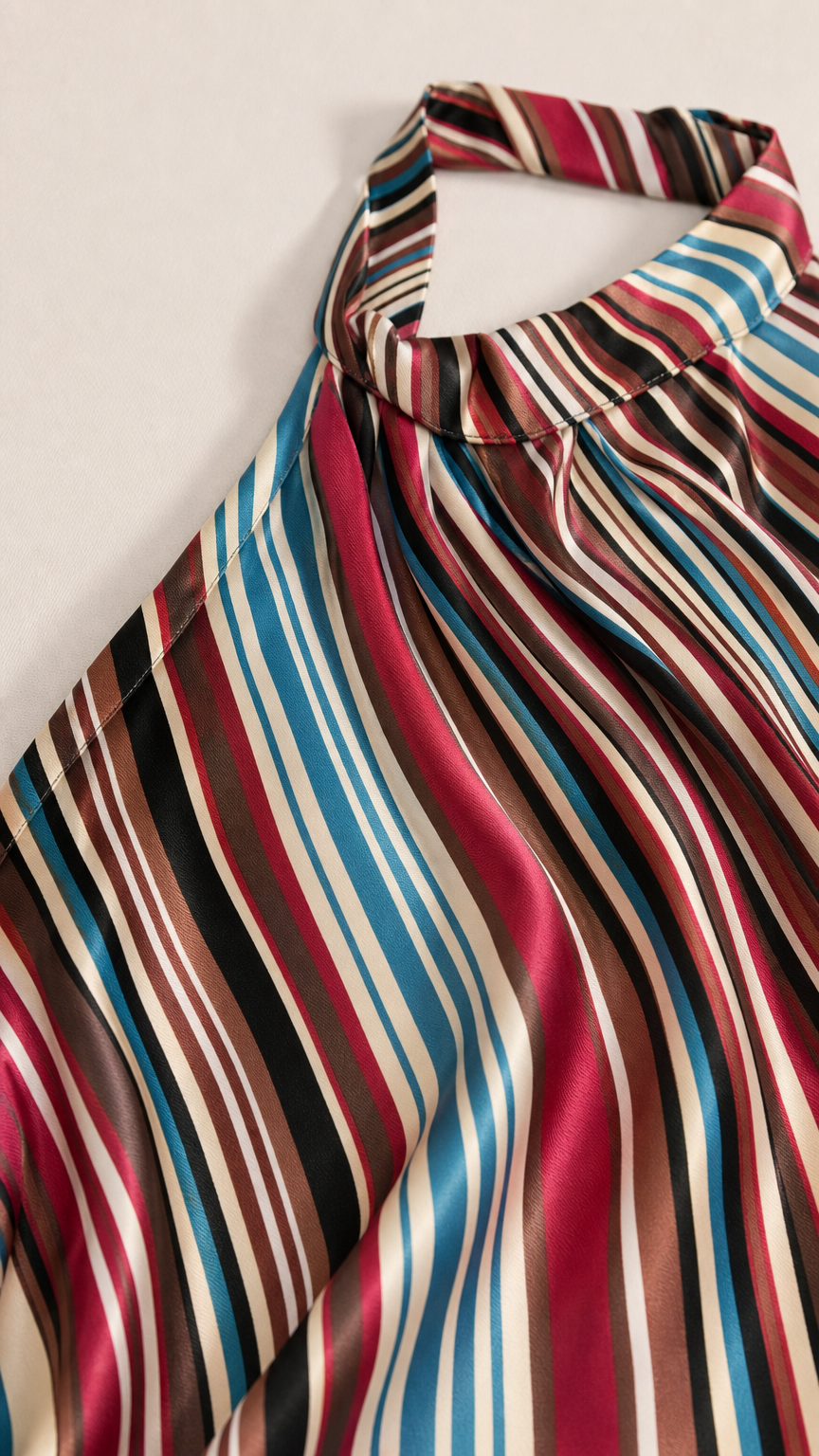 Close-up detail of the satin-finish halter neckline and multi-color stripes
