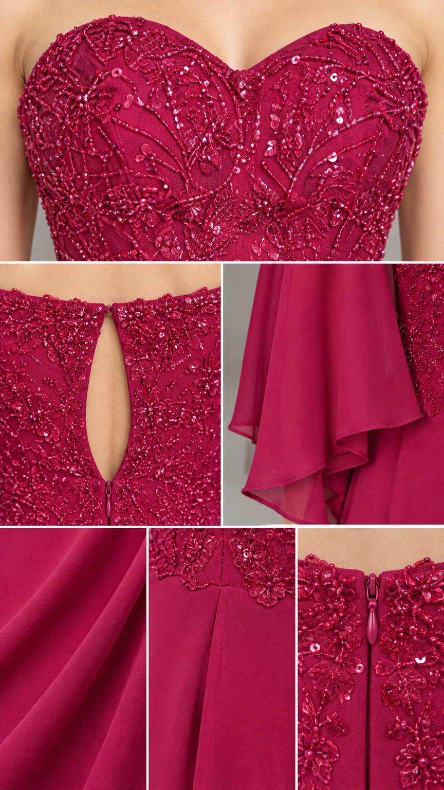 Detailed close-up collage of beaded sweetheart bodice, keyhole cutout, and hem pleats
