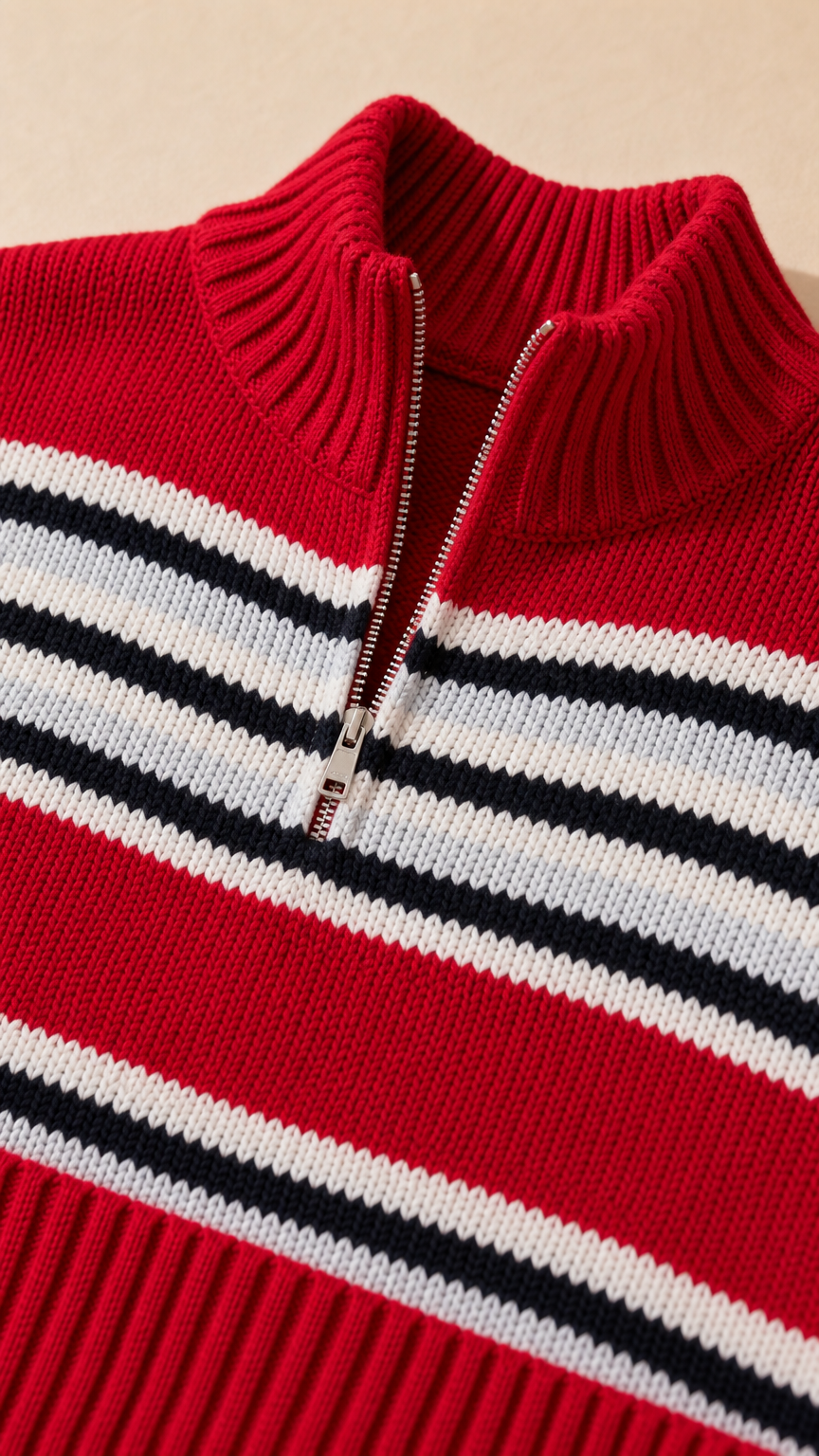 Close-up detail of zipper neckline and ribbed stand collar on red striped sweater